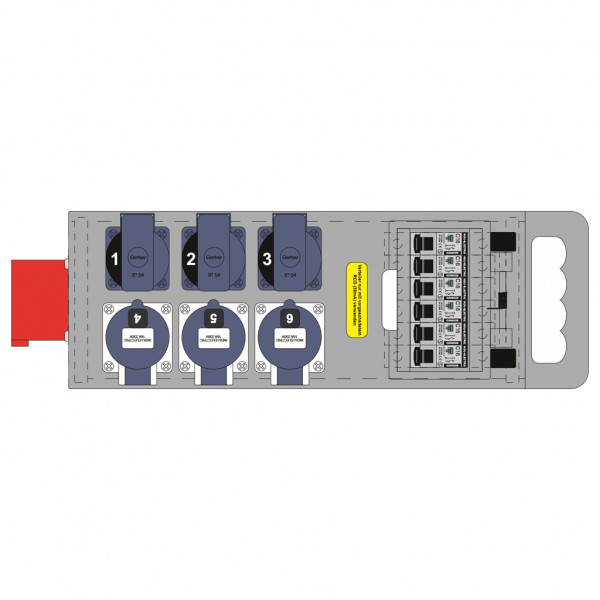 CEE Stromverteiler, 32A/400V auf 3x CEE16A/230V 3Pol und 3x Schuko